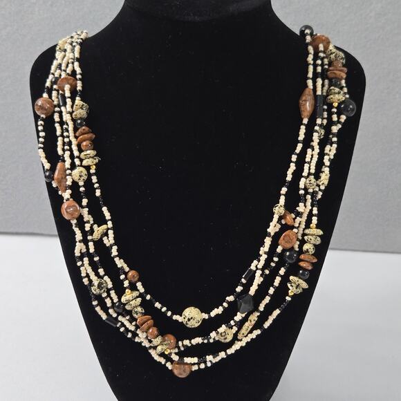 Vintage African Safari Style Multi Strand Beaded Necklace Black Brown White - Picture 1 of 9
